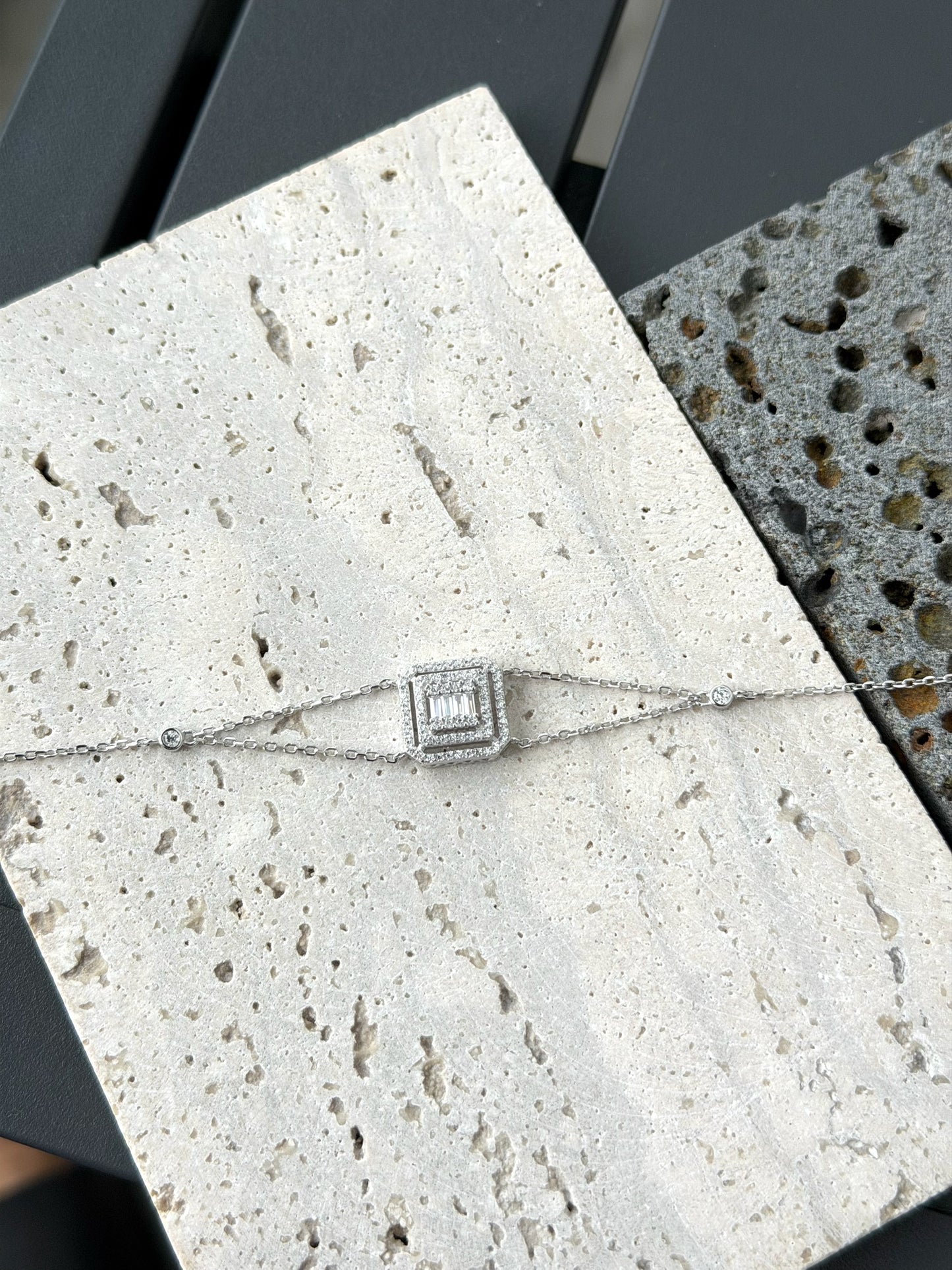 Square Design Bracelet With Two Round Stones