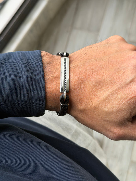 Men Bracelet Silver Plate With Black Stones