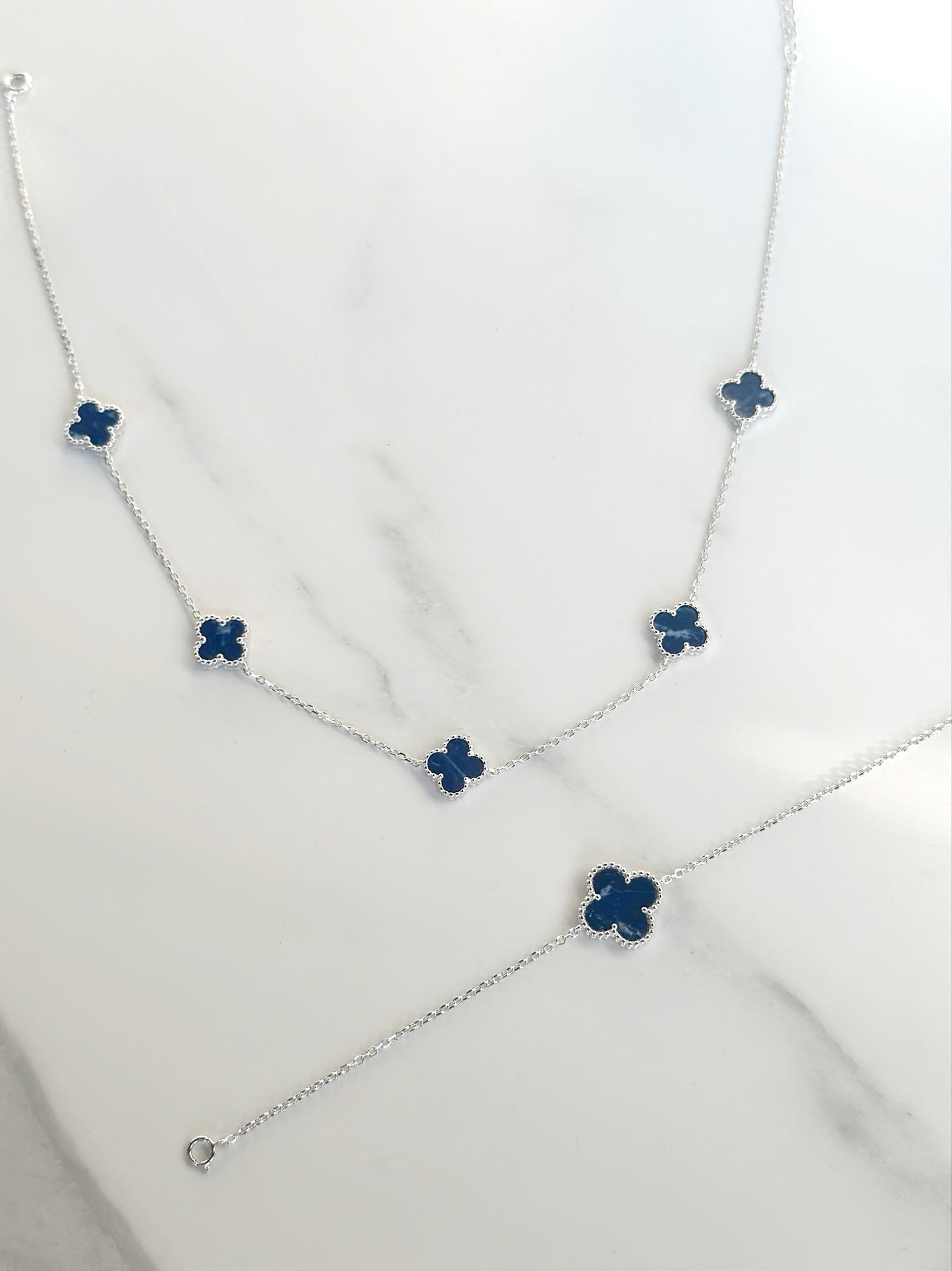 Navy Color With Marble Effect Van Cleef Set (Necklace + Bracelet)