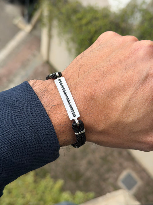 Men Bracelet Silver Plate With Black Stones