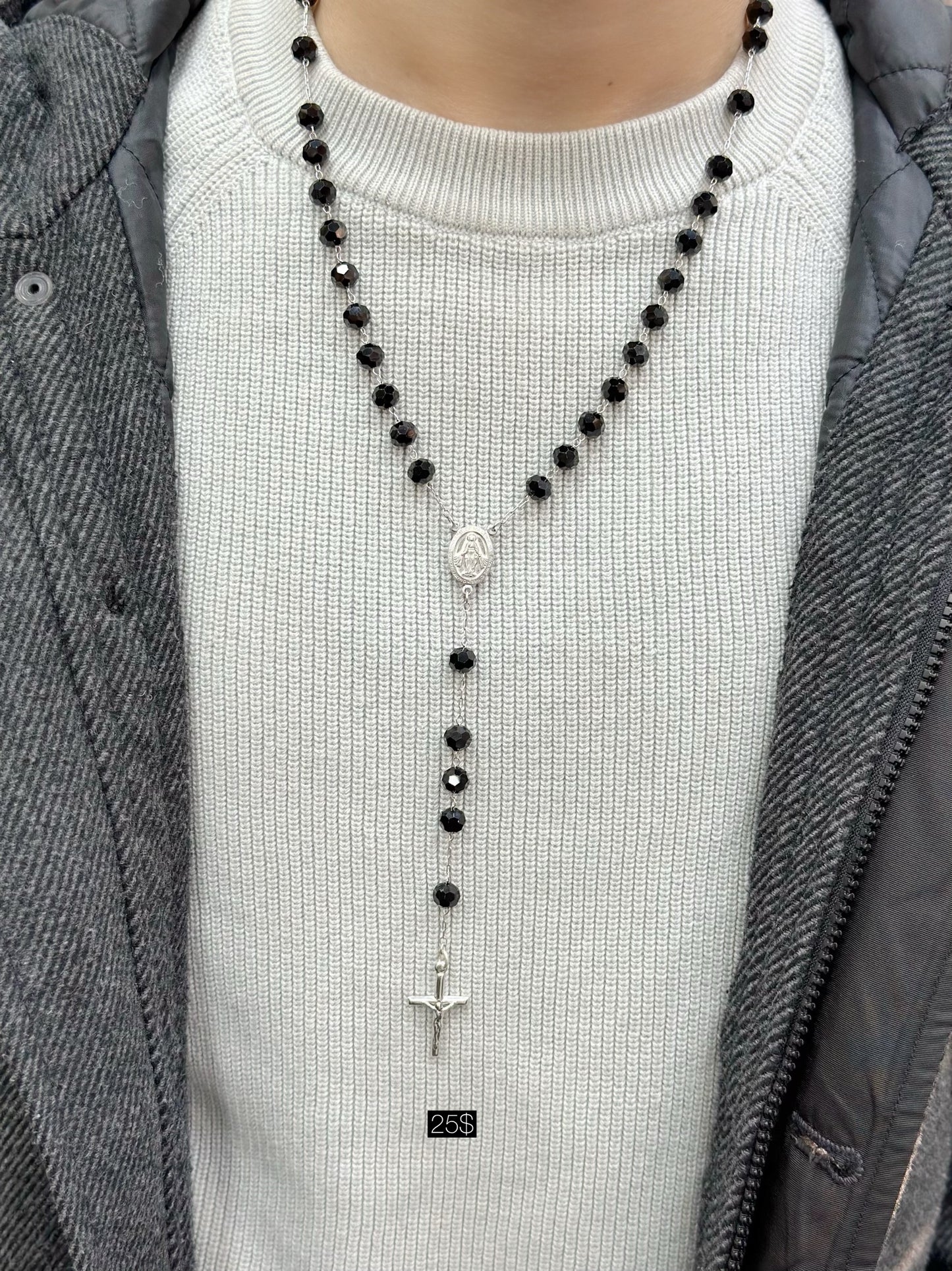Rosary Necklace With Black Onyx Beads