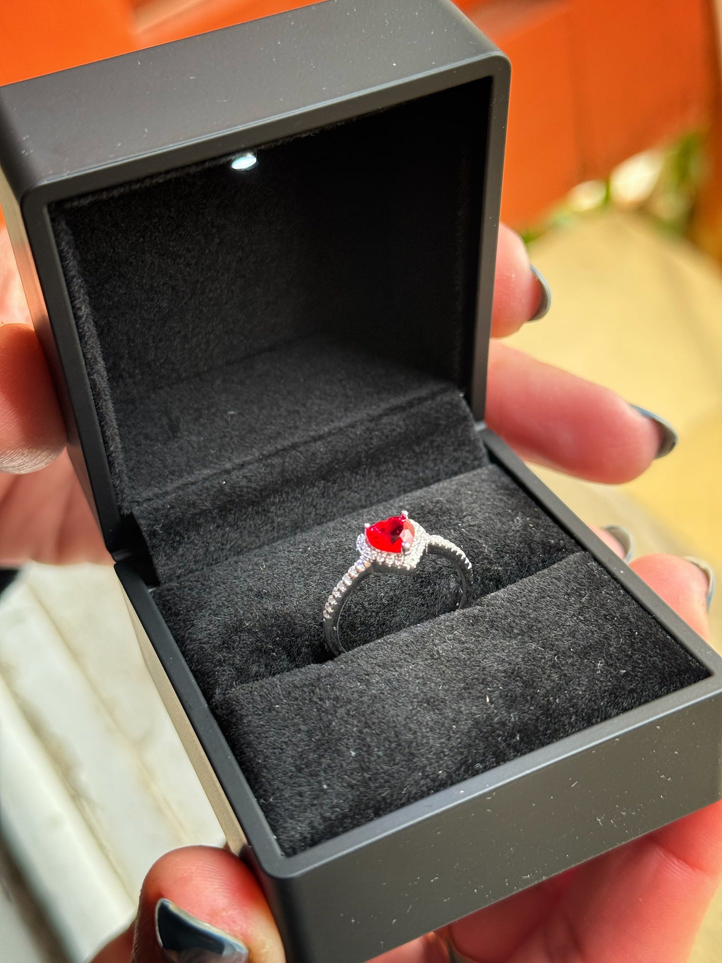 Heart Stone Ring With Led Light Box