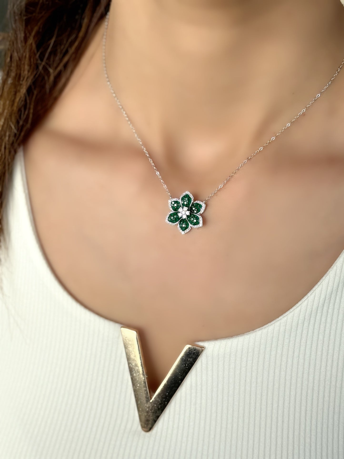 Flower Design Necklace With Colored Stones