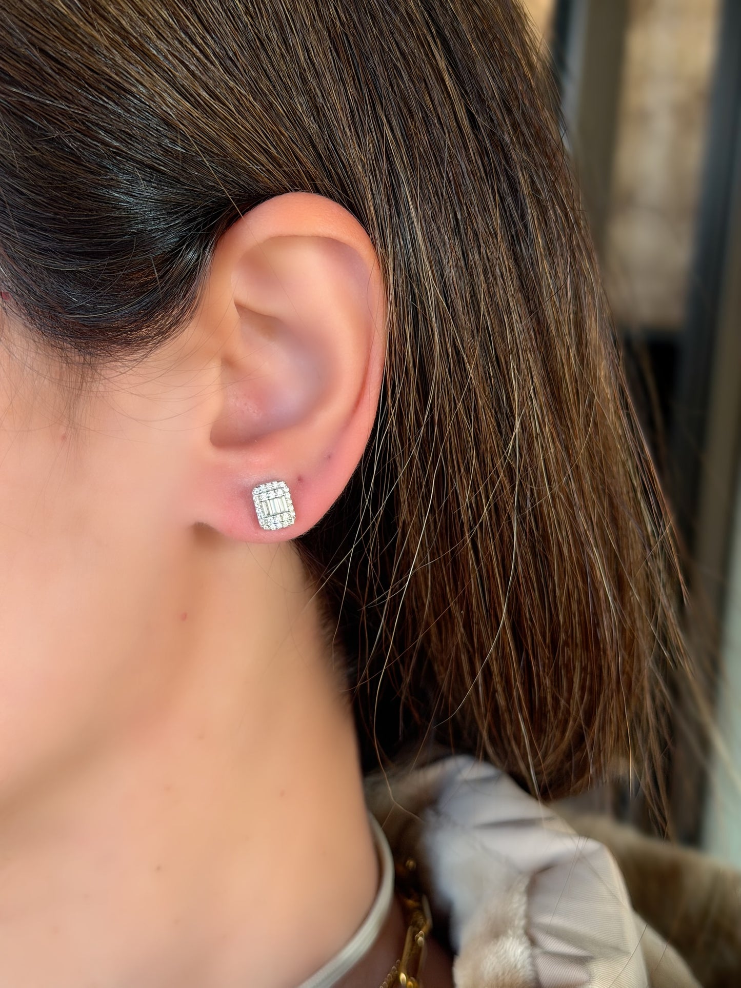 Square Design Earrings Baguette Stones