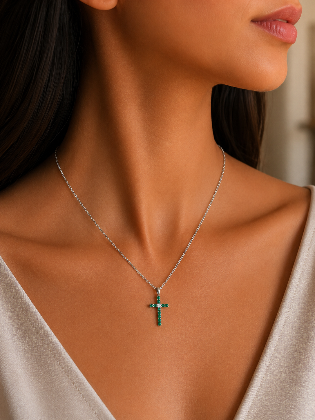Cross Design Necklace Green Stone Color