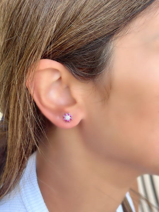 Sun Shape Fuchsia & White Stones Earrings