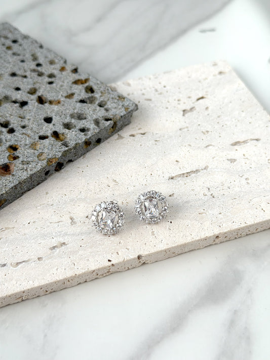 Stud Earrings With Rectangle Stone In the Middle Surrounded By Small Stones