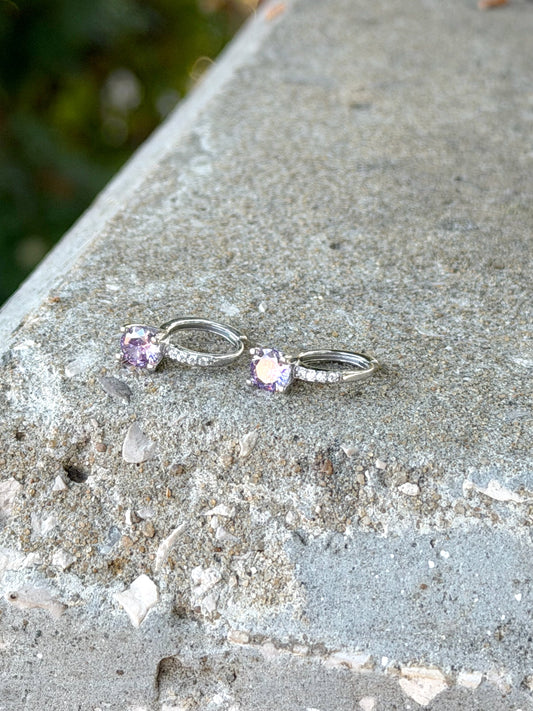 Hoop Earrings With Lilac Round Stone