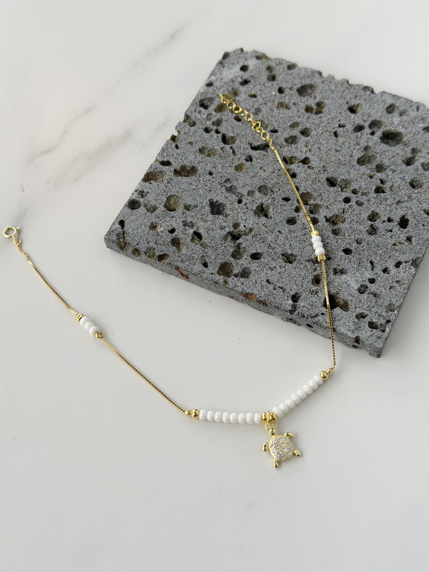 Silver 925 Gold Plated Turtle design Anklet With White beads