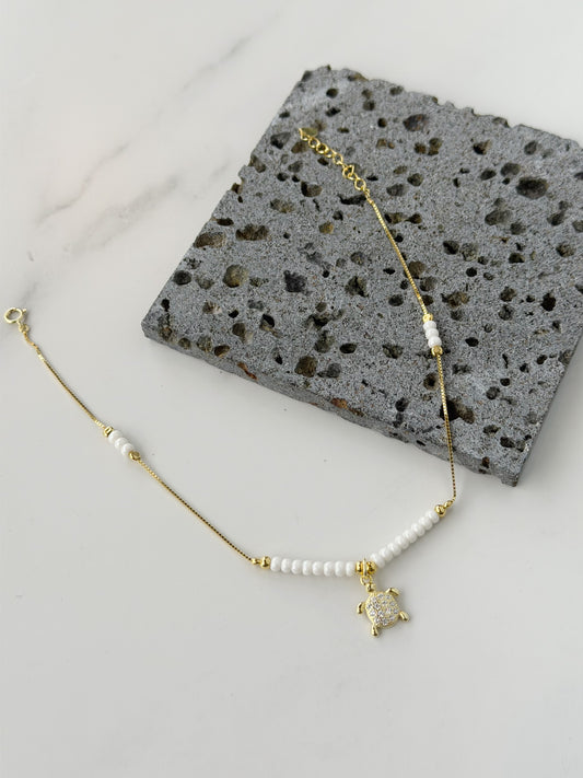 Silver 925 Gold Plated Turtle design Anklet With White beads