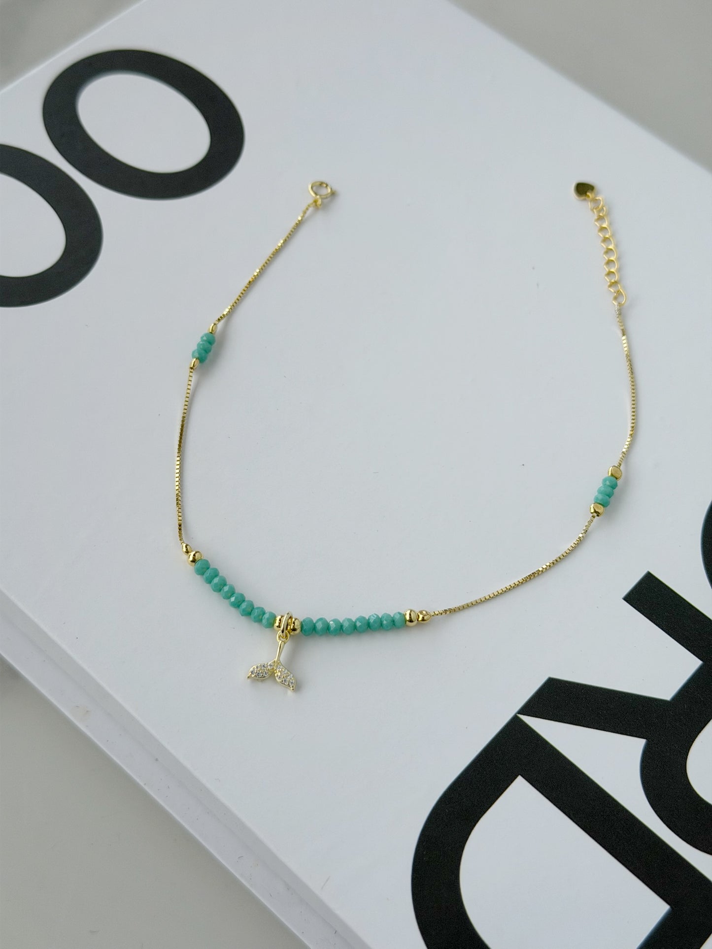 Silver 925 Gold Plated Tail design Anklet With Blue beads