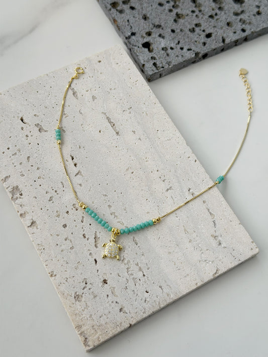 Silver 925 Gold Plated Turtle design Anklet With Blue beads