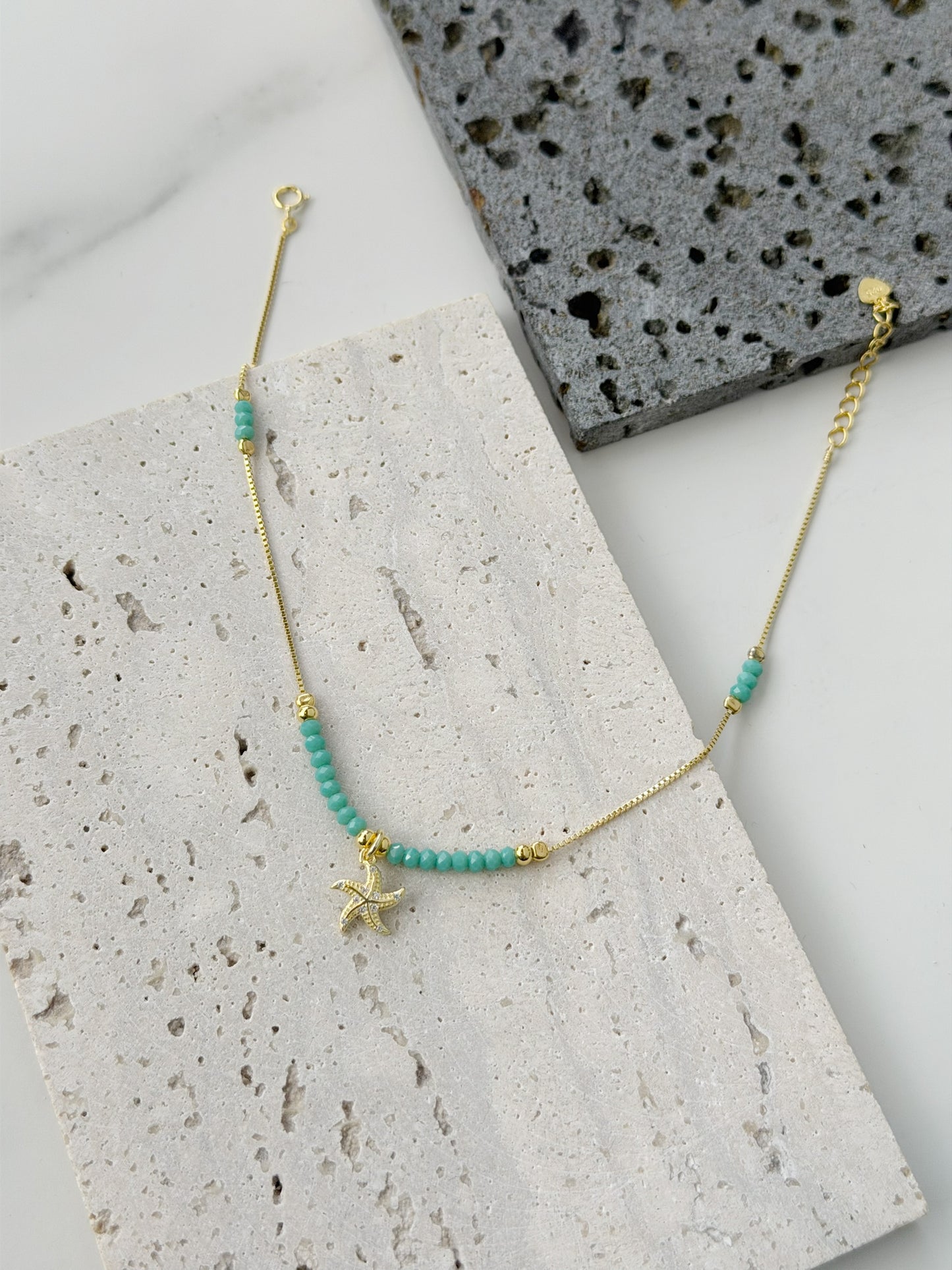 Silver 925 Gold Plated Star design Anklet With Blue beads