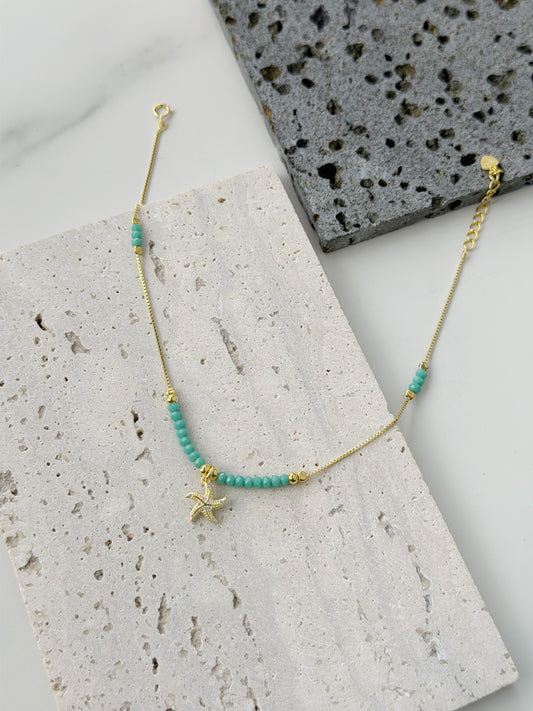 Silver 925 Gold Plated Star design Anklet With Blue beads