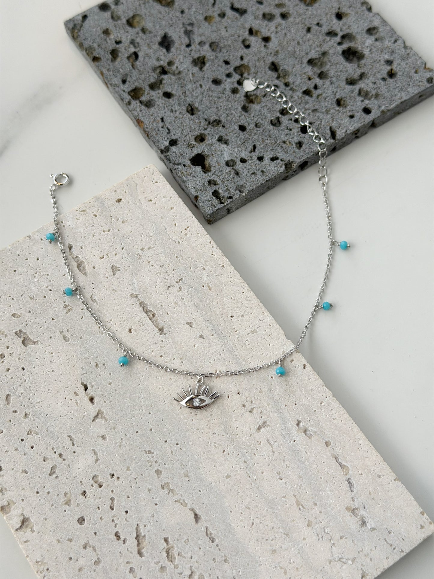 Silver 925 Eye design Anklet With Blue beads