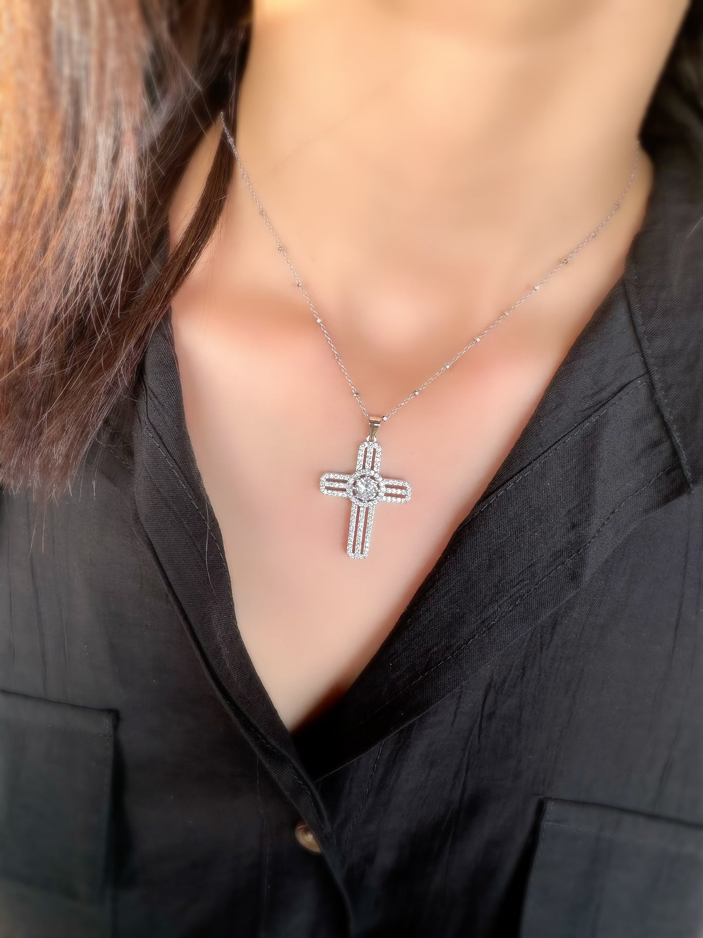 Big Cross Necklace With Round Zircon Stone In The Middle