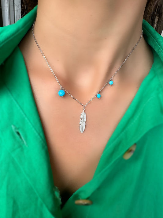 Feather Necklace With Blue Balls
