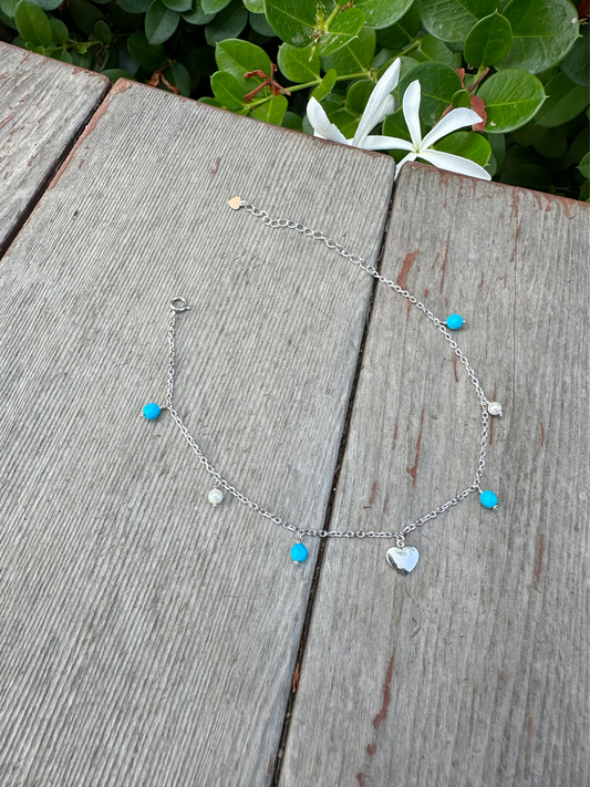 Heart With Blue & White Beads Anklet