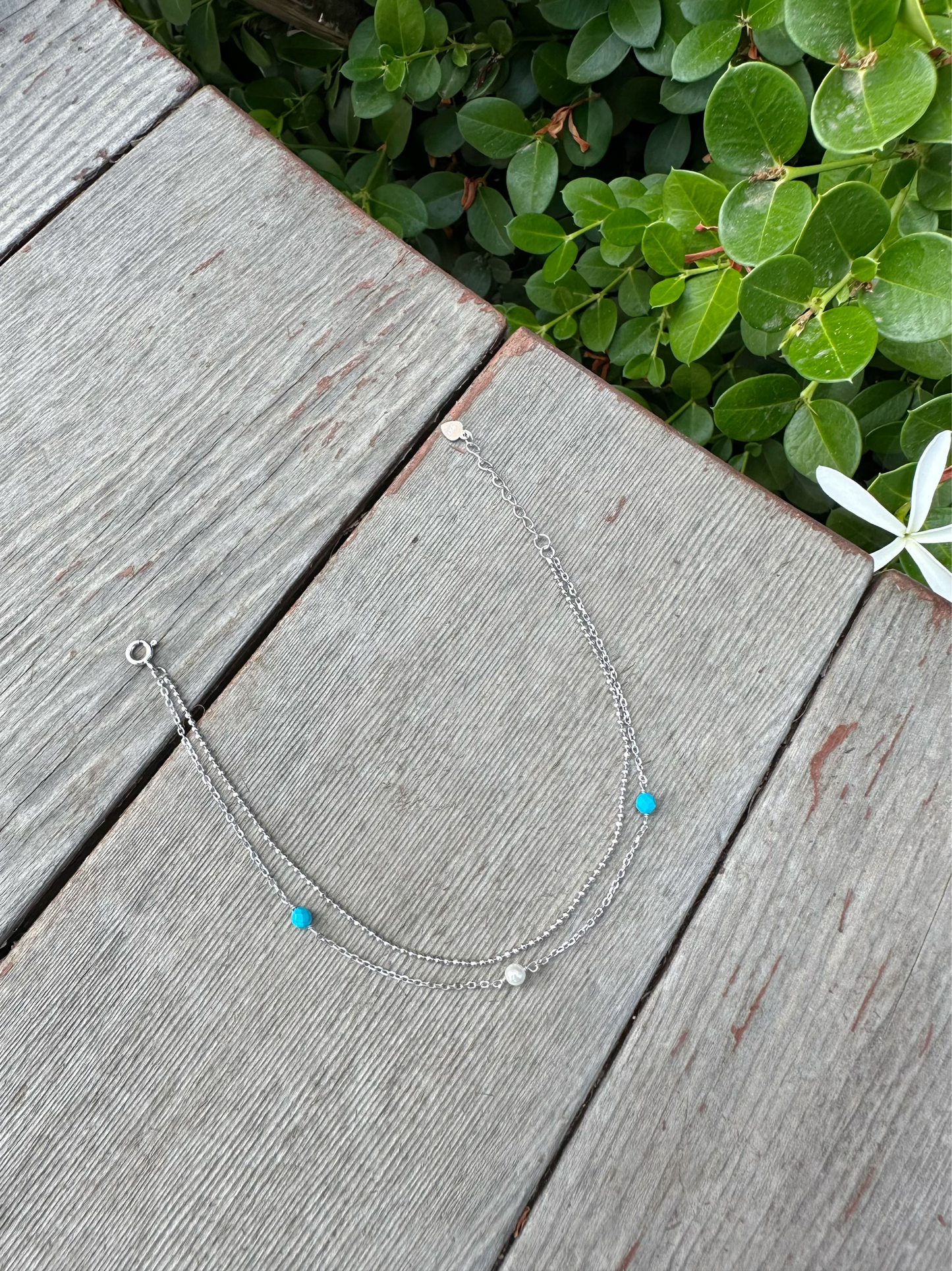 Two Layers Anklet With White & Blue Beads