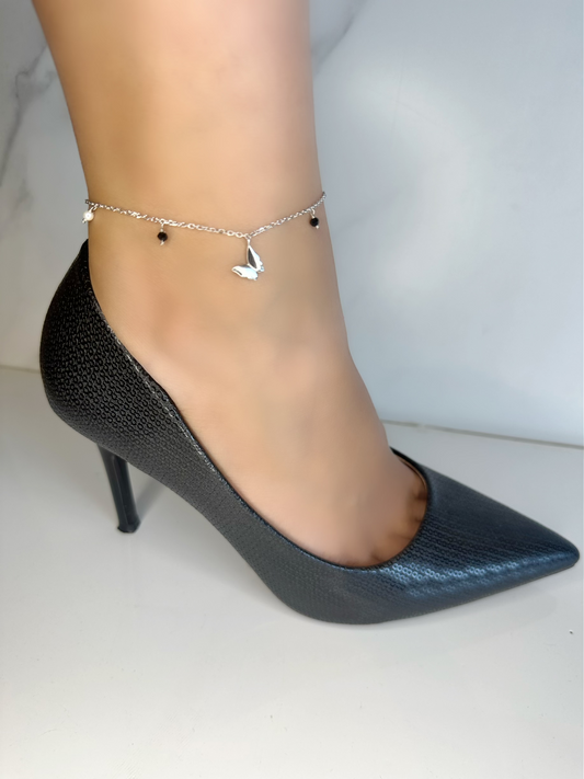 Butterfly Anklet With Blue & White Beads