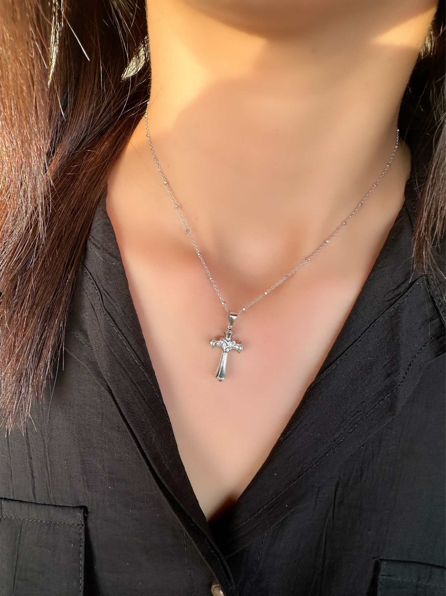 Plain Cross With Heart In The Middle Necklace