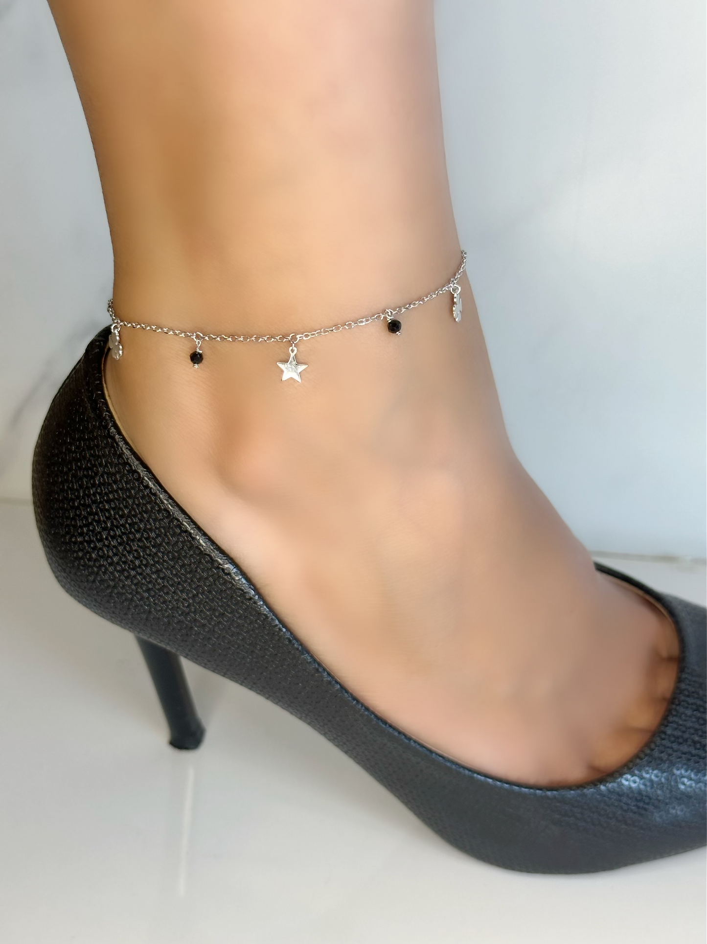 Star & Flower Anklet With Blue or Black Beads