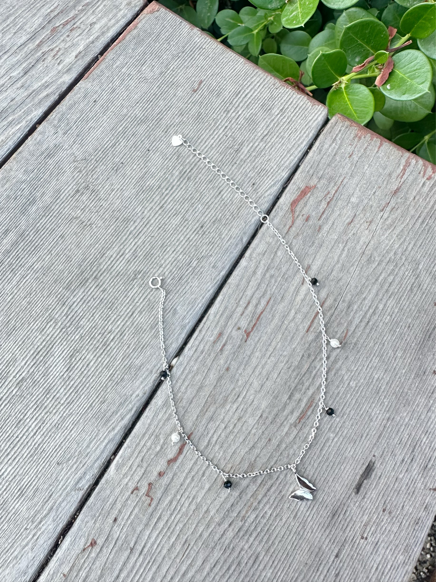 Butterfly Anklet With Blue & White Beads