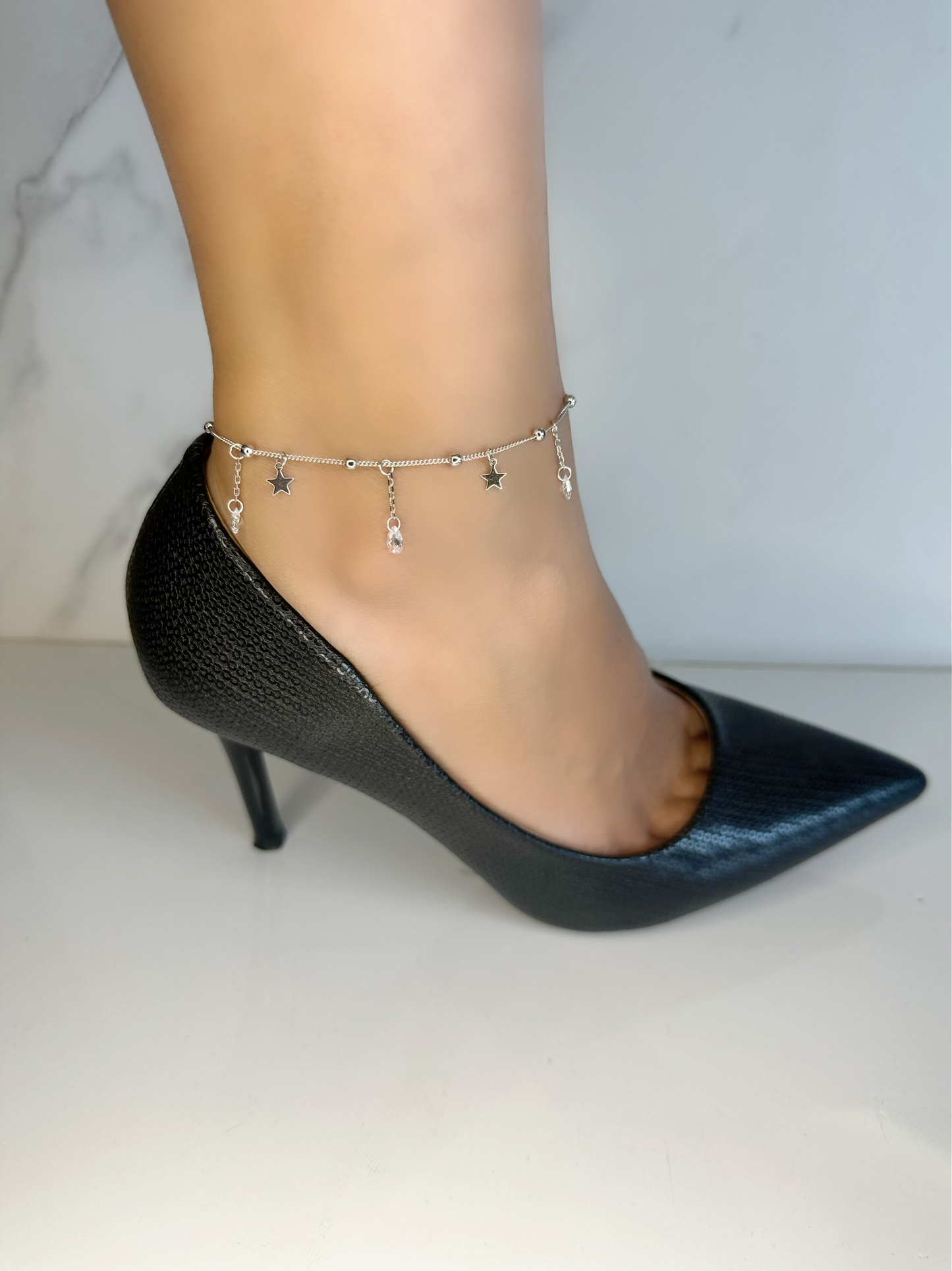 Anklet With Star and Tear Drop Zircon Stones