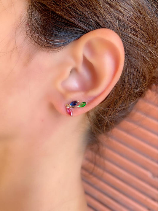 Leaf Earrings With Three Color Stones