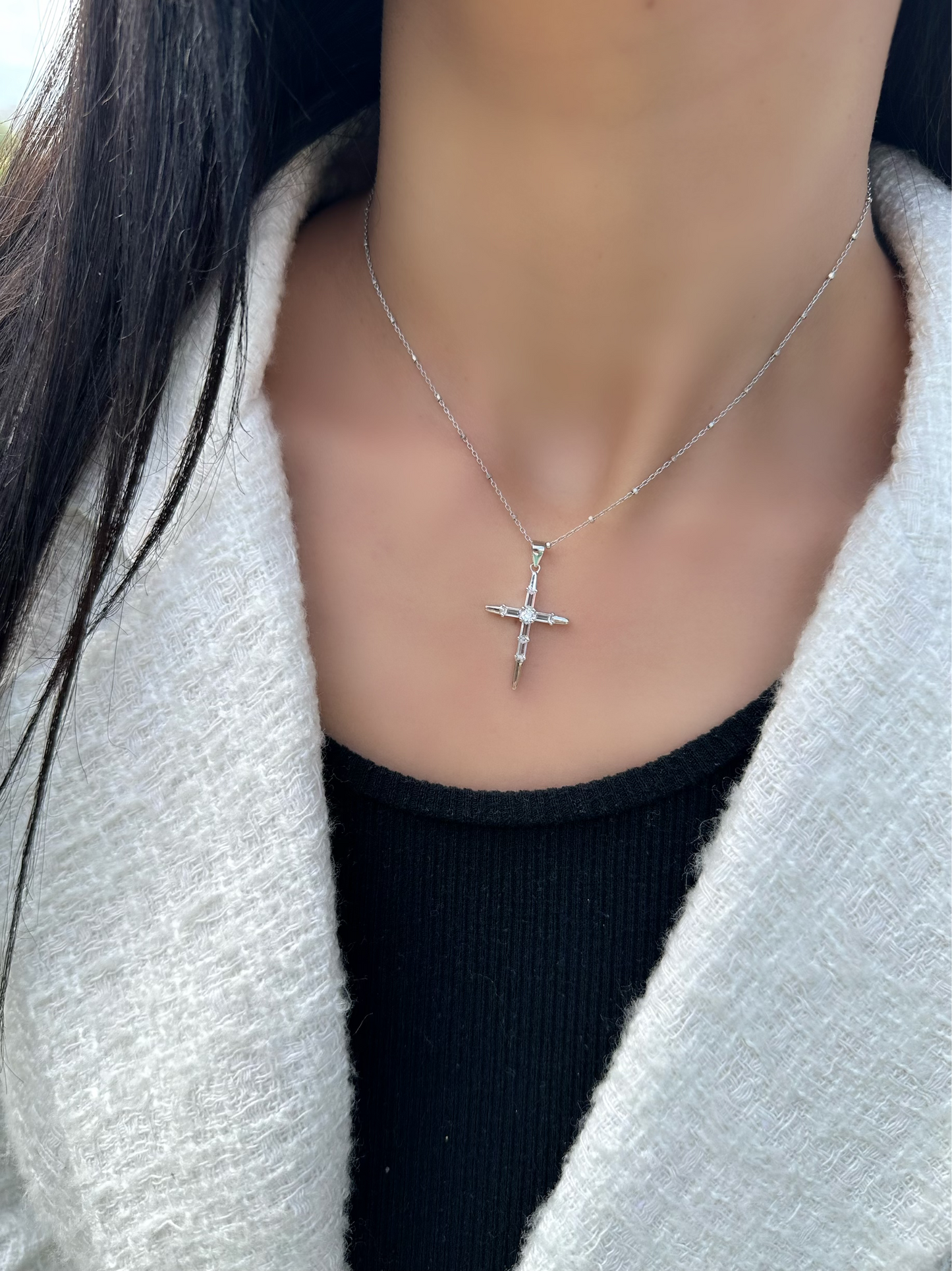 Cross Necklace With White Stone