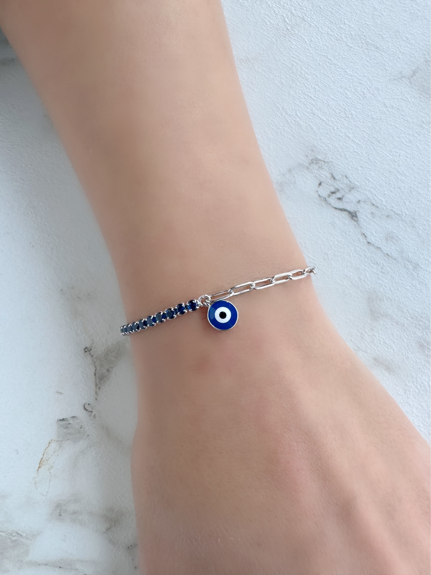 Blue Evil Eye Bracelet Half Blue Zircon Half Link Chain
