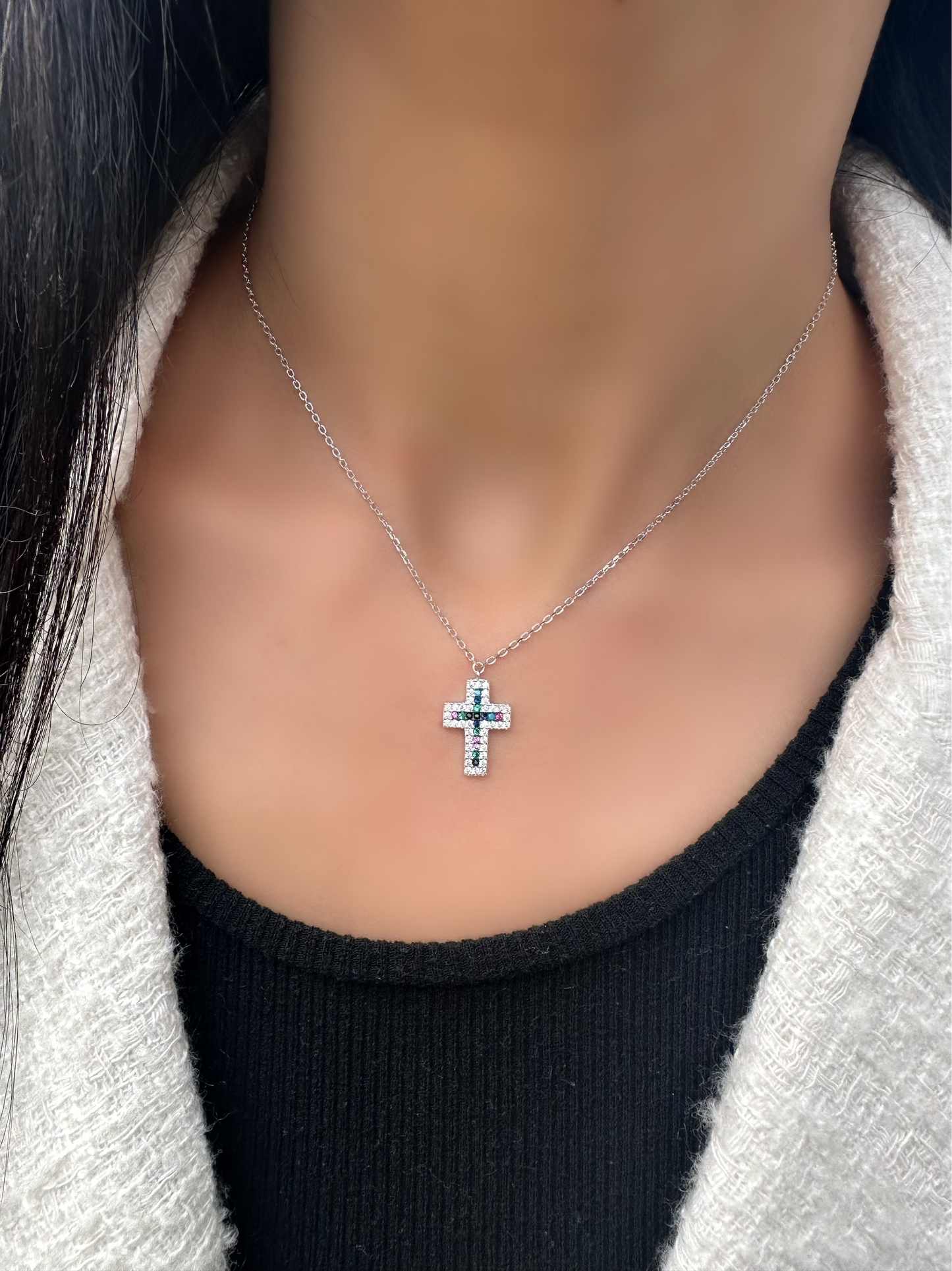 Colored Stone Cross Necklace